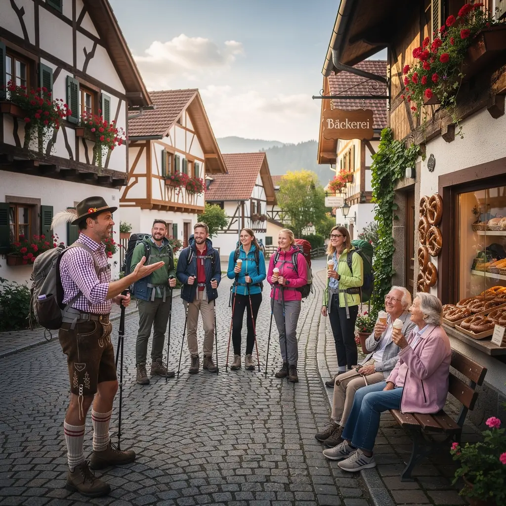 Eine geführte Wandergruppe genießt die frische Bergluft und die Natur.